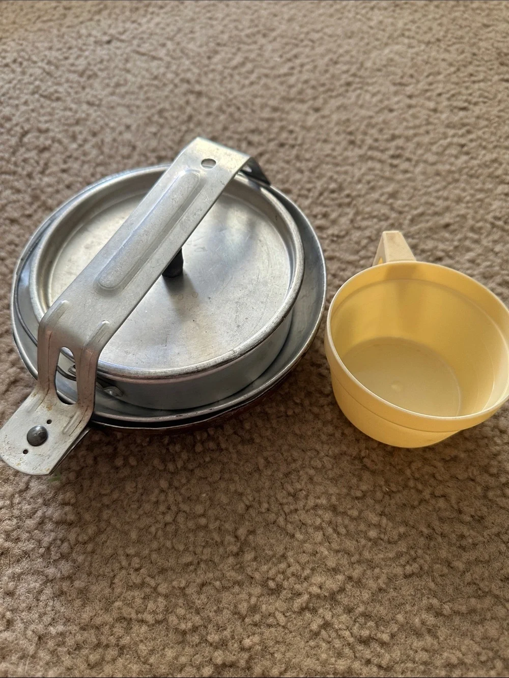 Vintage aluminum mess kit with plastic cup